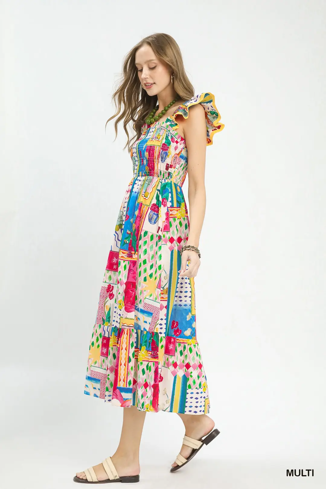 Abstract Print Smocked Ruffle Sleeve Tiered Midi Dress, image 3