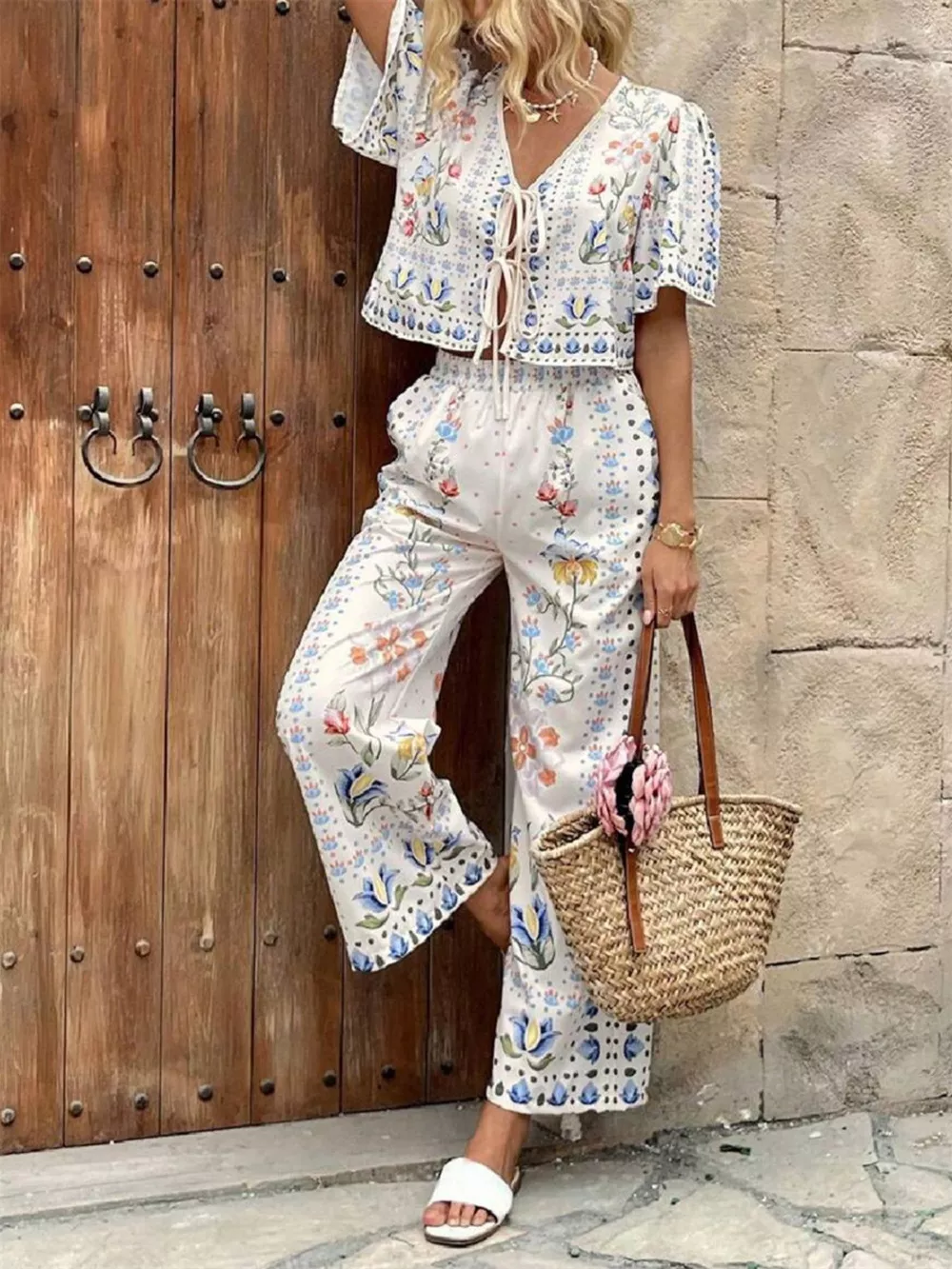 Floral Print Tie-Front Top and Pants Set, image 5