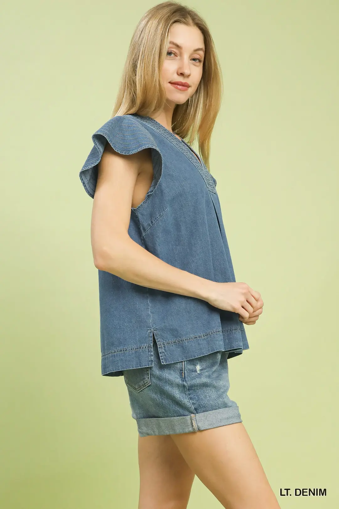 Cap Sleeve Denim Top, image 2