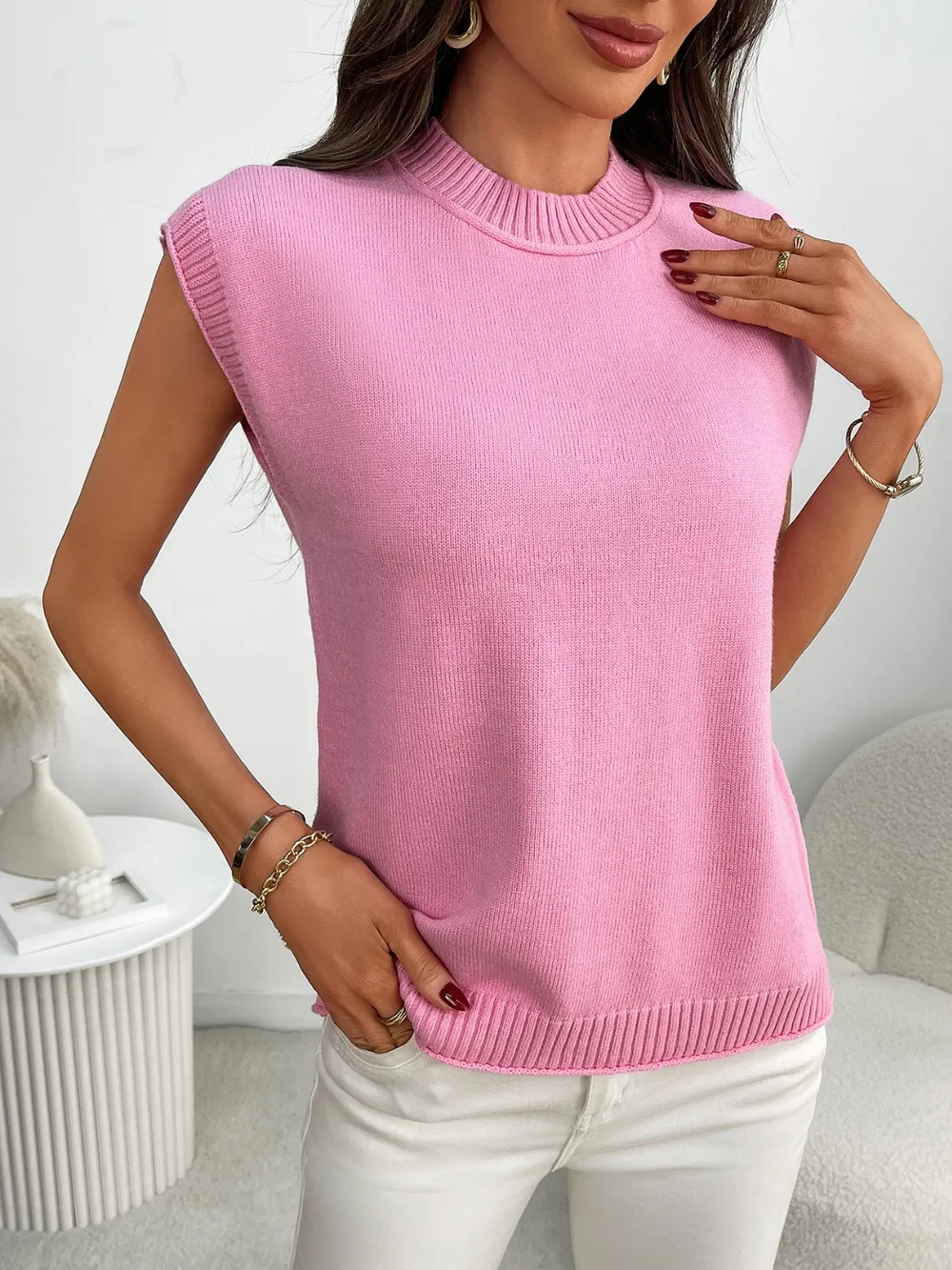 Mock Neck Cap Sleeve Knit Top, image 8