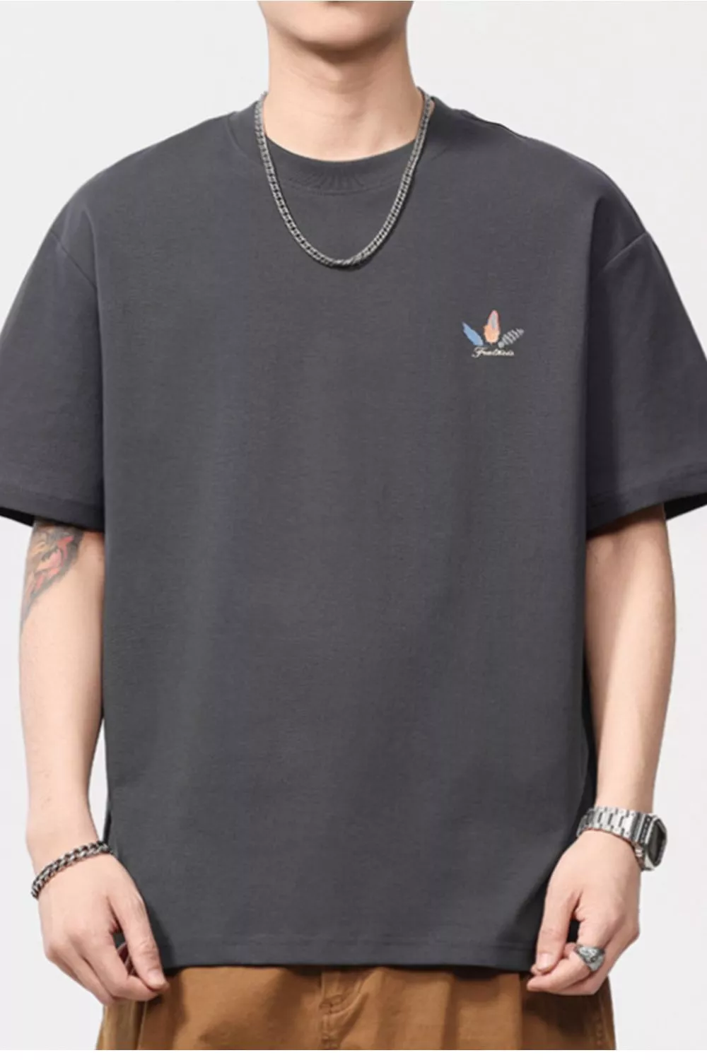 Men's Plus Size Feather Print Casual T-Shirt, image 3