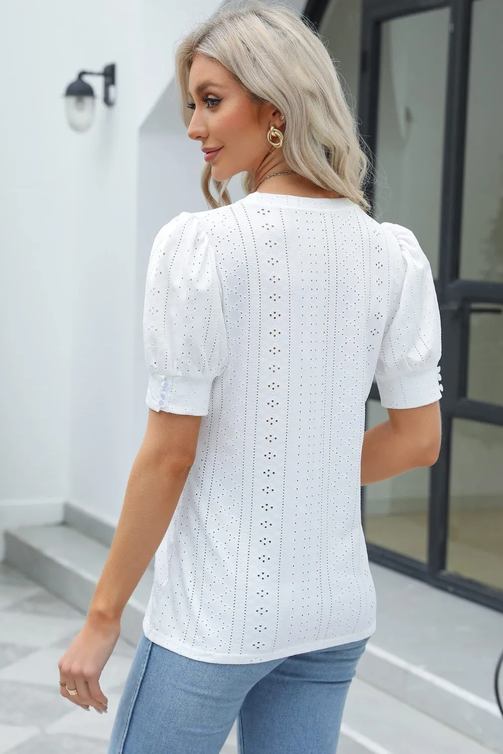 Openwork Round Neck Short Sleeve Blouse, image 18