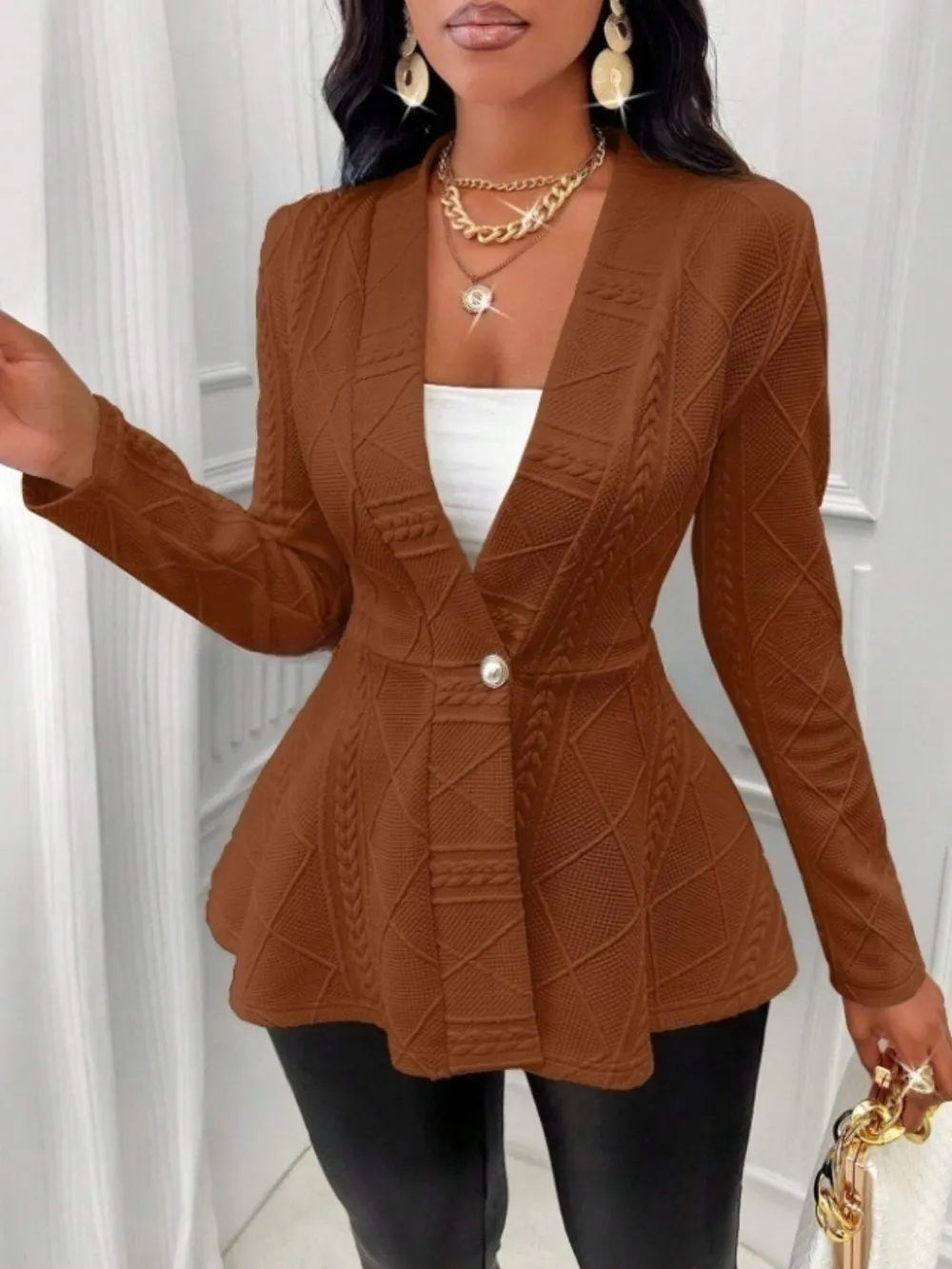 One Button Textured Peplum Cardigan, image 27