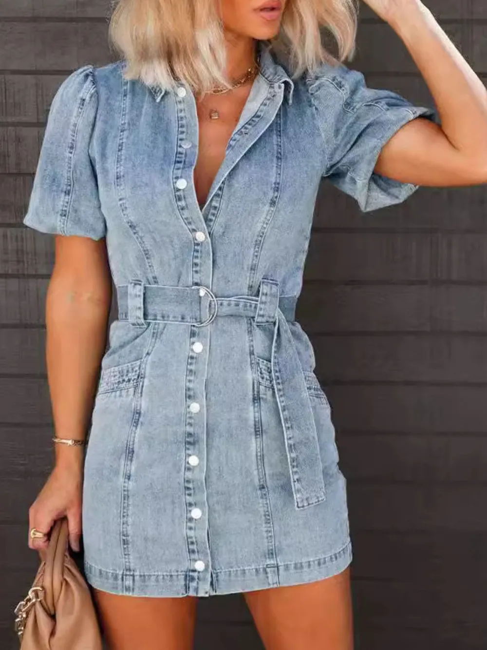 Button-Up Puff Sleeve Denim Shirt Dress, image 4