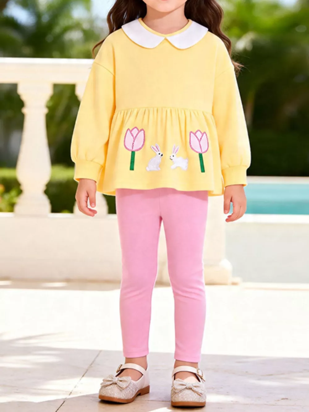 Children's Peter Pan Collar Bunny Peplum Sweatshirt and Leggings Set