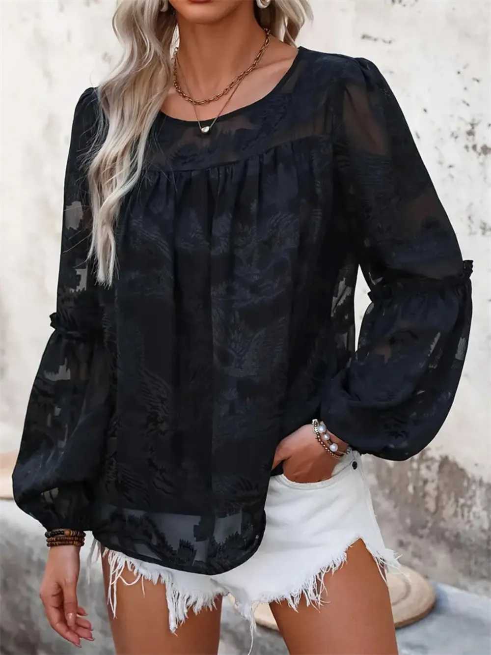 Round Neck Balloon Sleeve Blouse, image 3