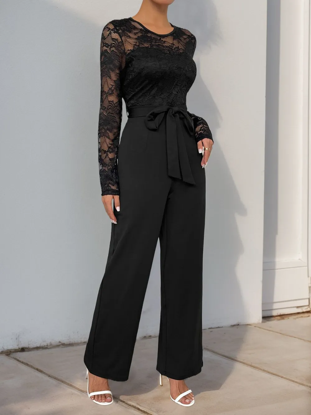 Lace Round Neck Long Sleeve Jumpsuit, image 5