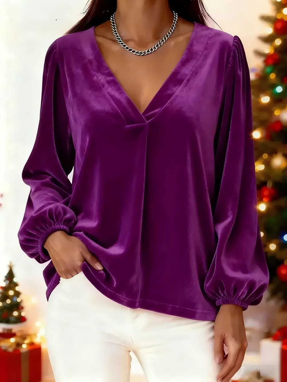 Full Size Velvet V-Neck Long Sleeve Blouse Plus Size, image 7
