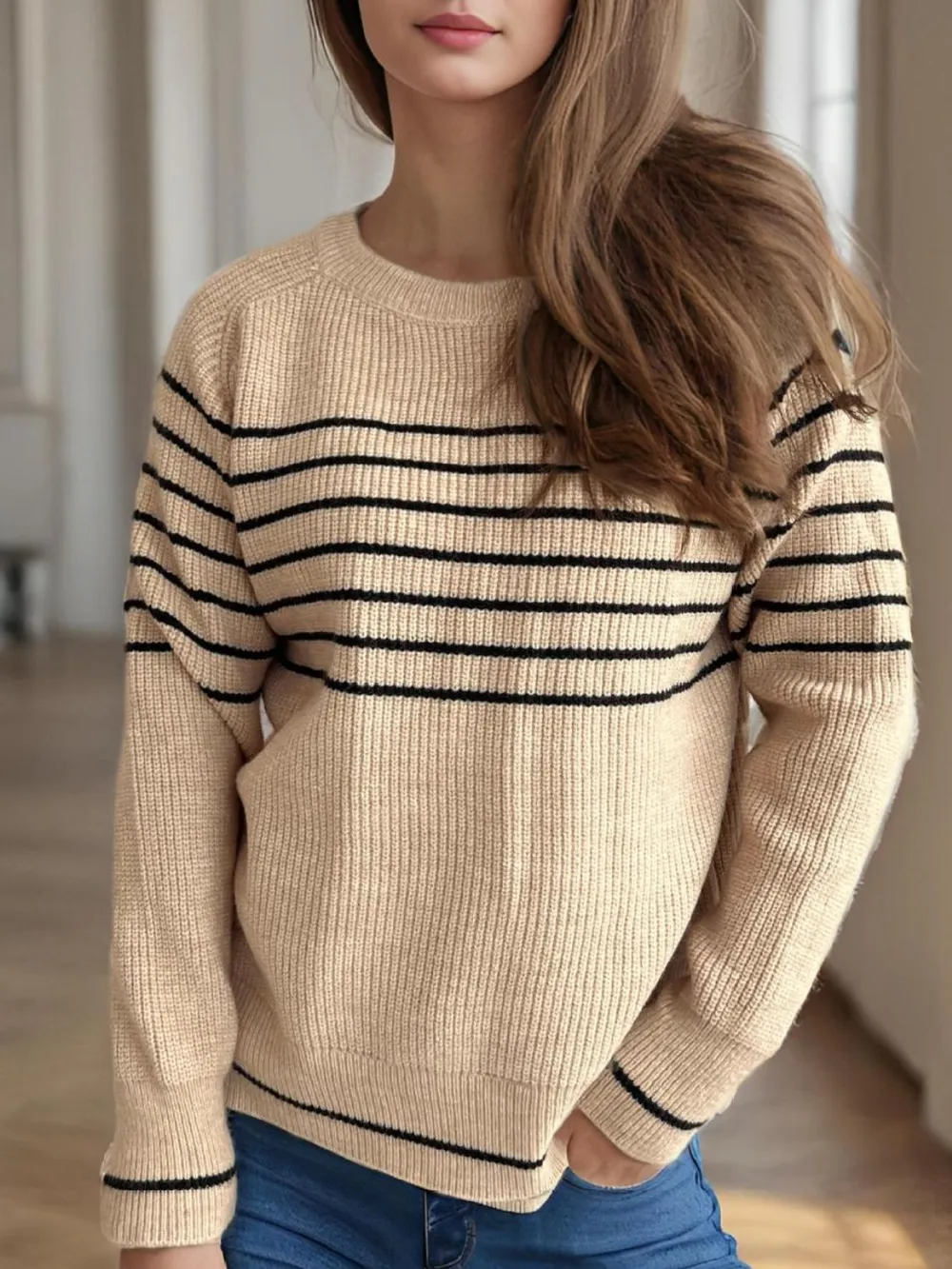 Striped Round Neck Long Sleeve Sweater, image 7