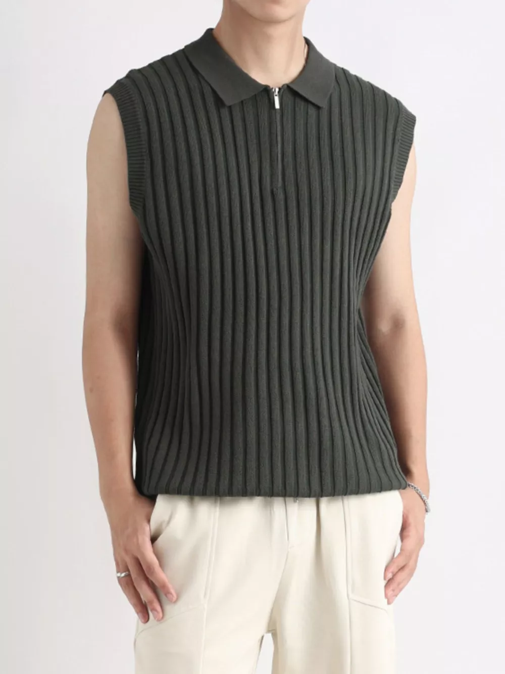 Men's Plus Size Ribbed Knit Zip-Up Tank, image 5