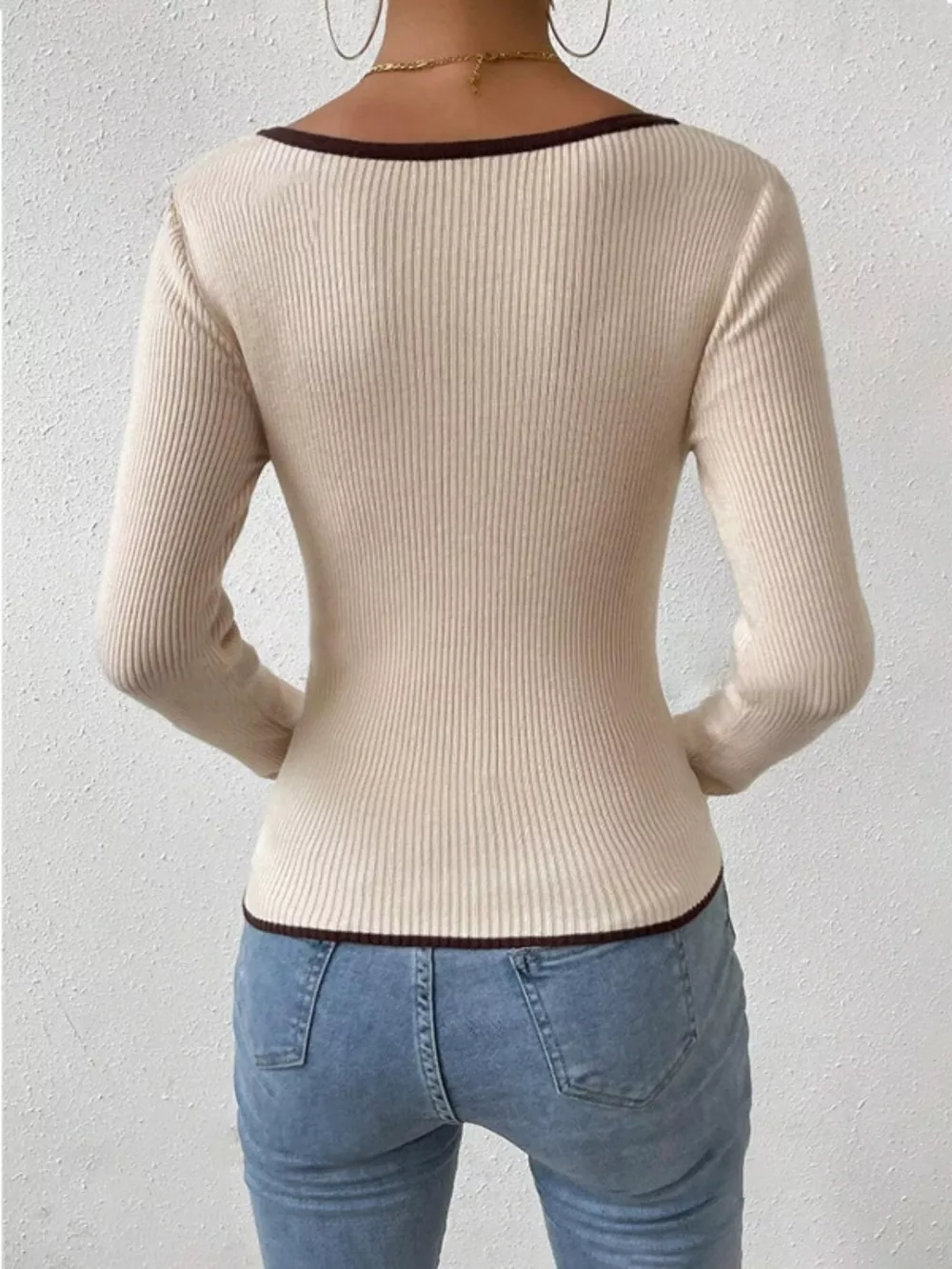 Contrast Trim Long Sleeve Knit Top, image 3