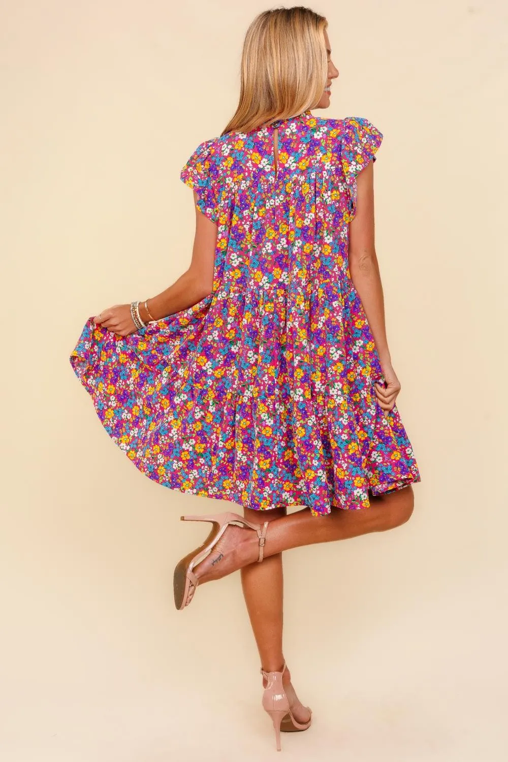 Frilled Mock Neck Ditsy Floral Dress, image 2