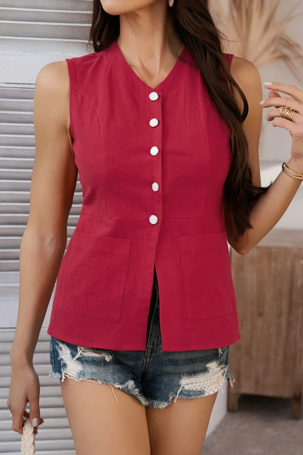 Button Down V-Neck Sleeveless Top, image 12