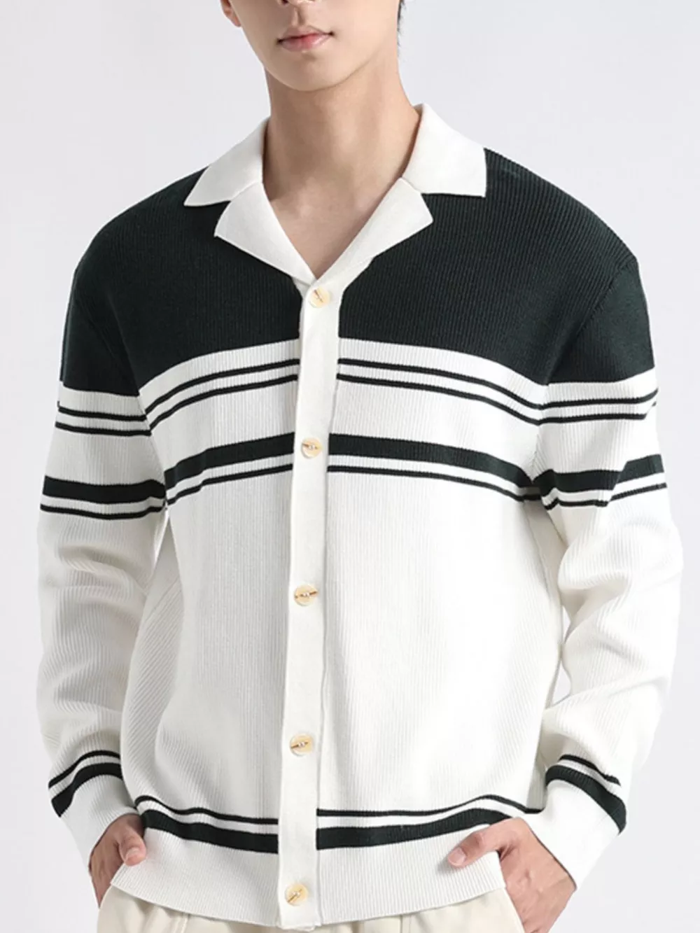 Men's Plus Size Contrast Striped Button-Down Cardigan, image 8
