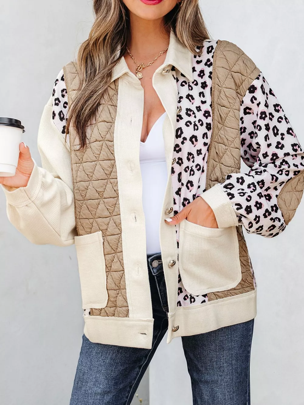 Leopard Waffle Quilted Patchwork Button Front Jacket, image 2