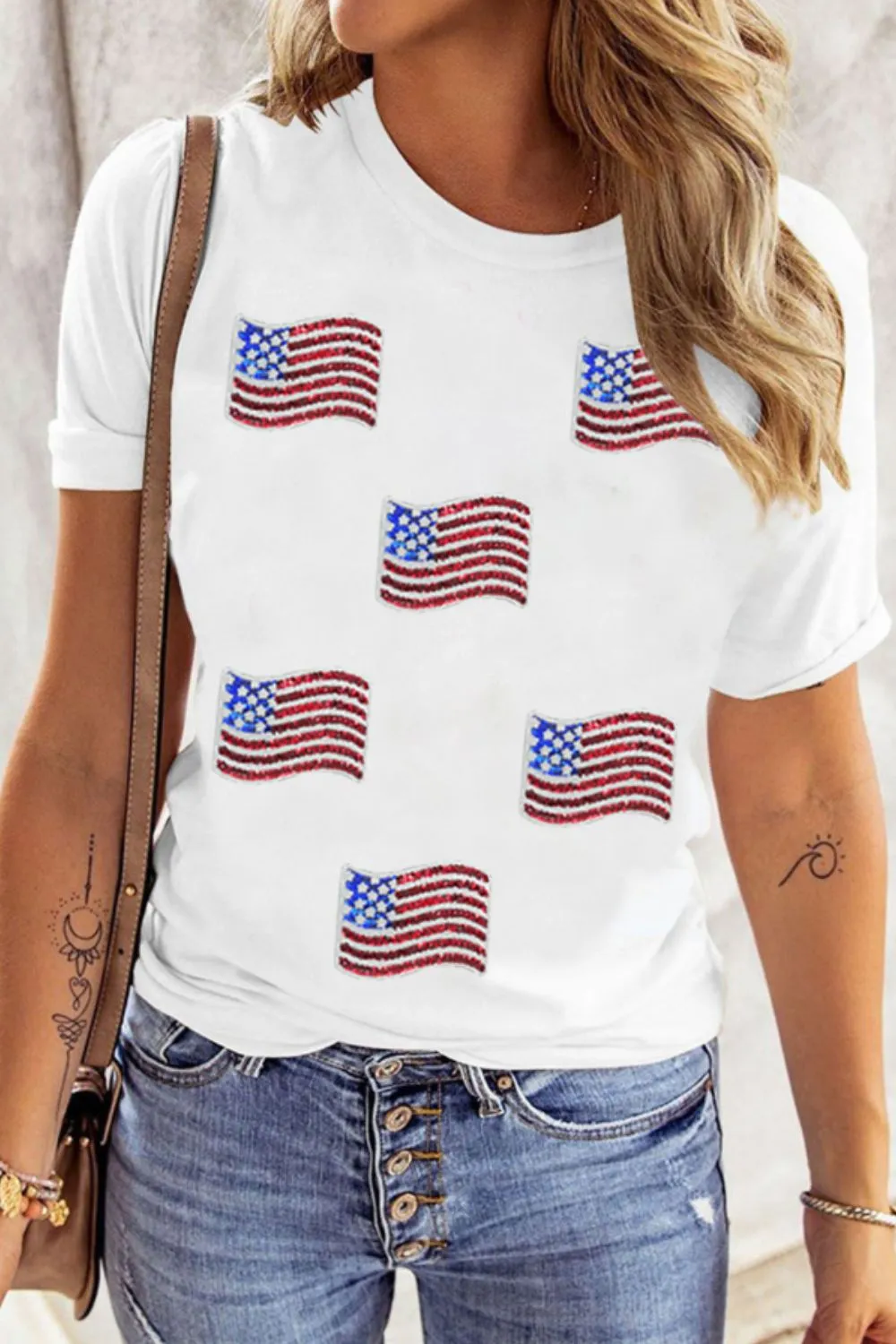 Sequin American Flag Patched Casual T Shirt, image 5