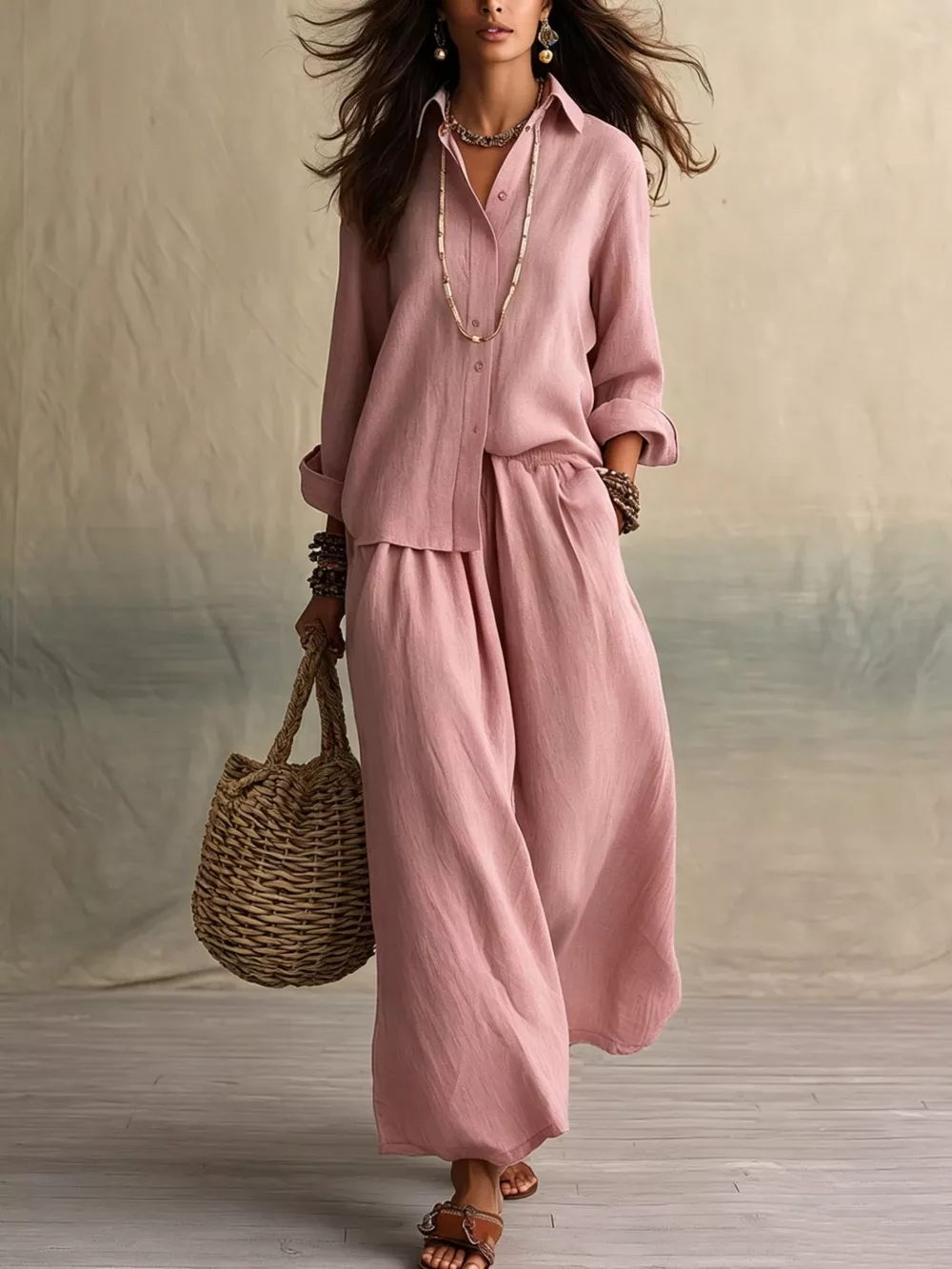 Full Size Button Up Shirt and Wide-Leg Pants Set Plus Size, image 11