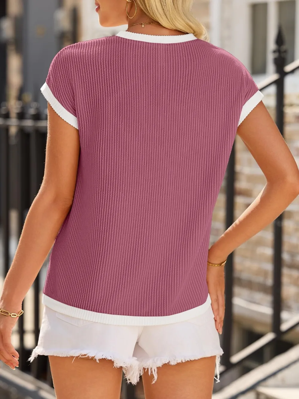 Contrast Trim Round Neck Short Sleeve T-Shirt, image 24