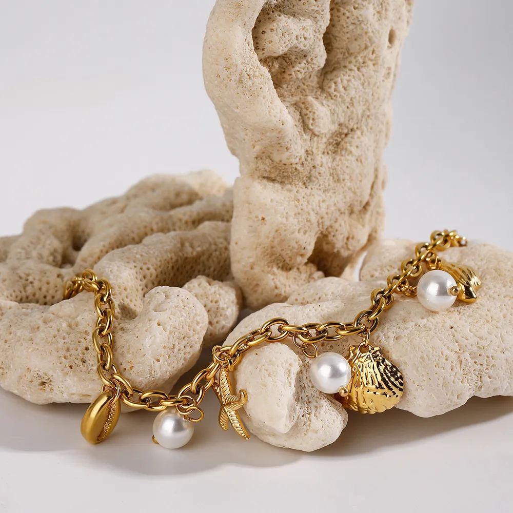 Ocean Theme Stainless Steel Chain Bracelet with Seashell and Starfish Pendants, image 4