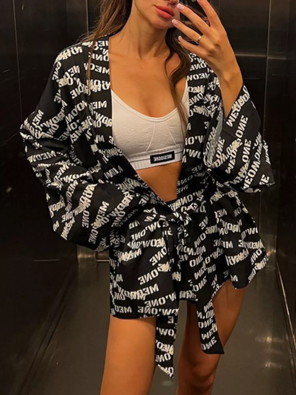Geometric Cat Print Cardigan and Shorts Lounge Set, image 10