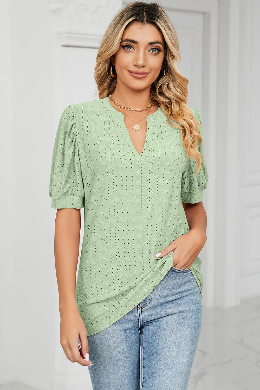 Eyelet Notched Short Sleeve T-Shirt, image 28
