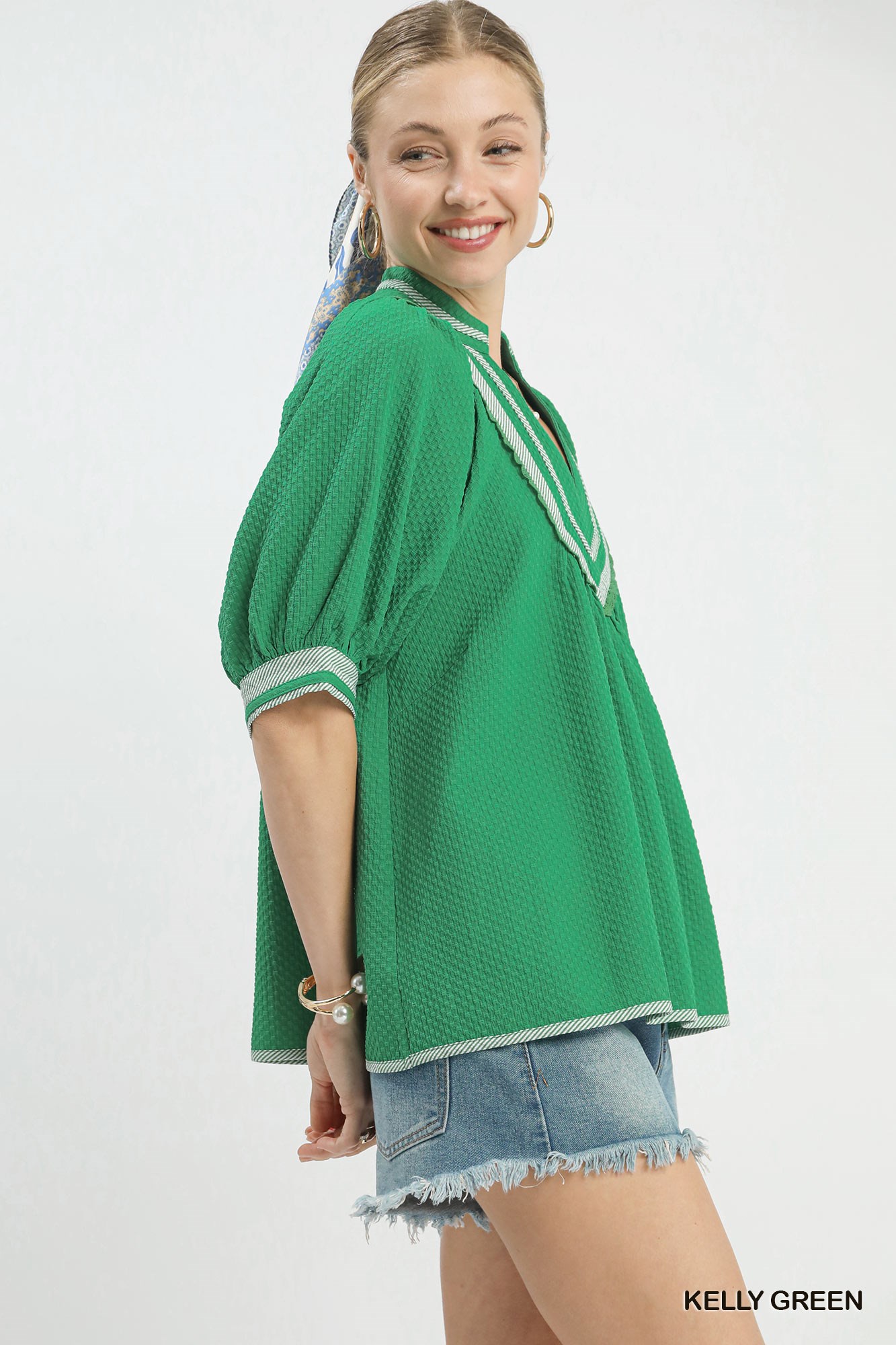 Textured Jacquard Contrast Trim Top, image 4