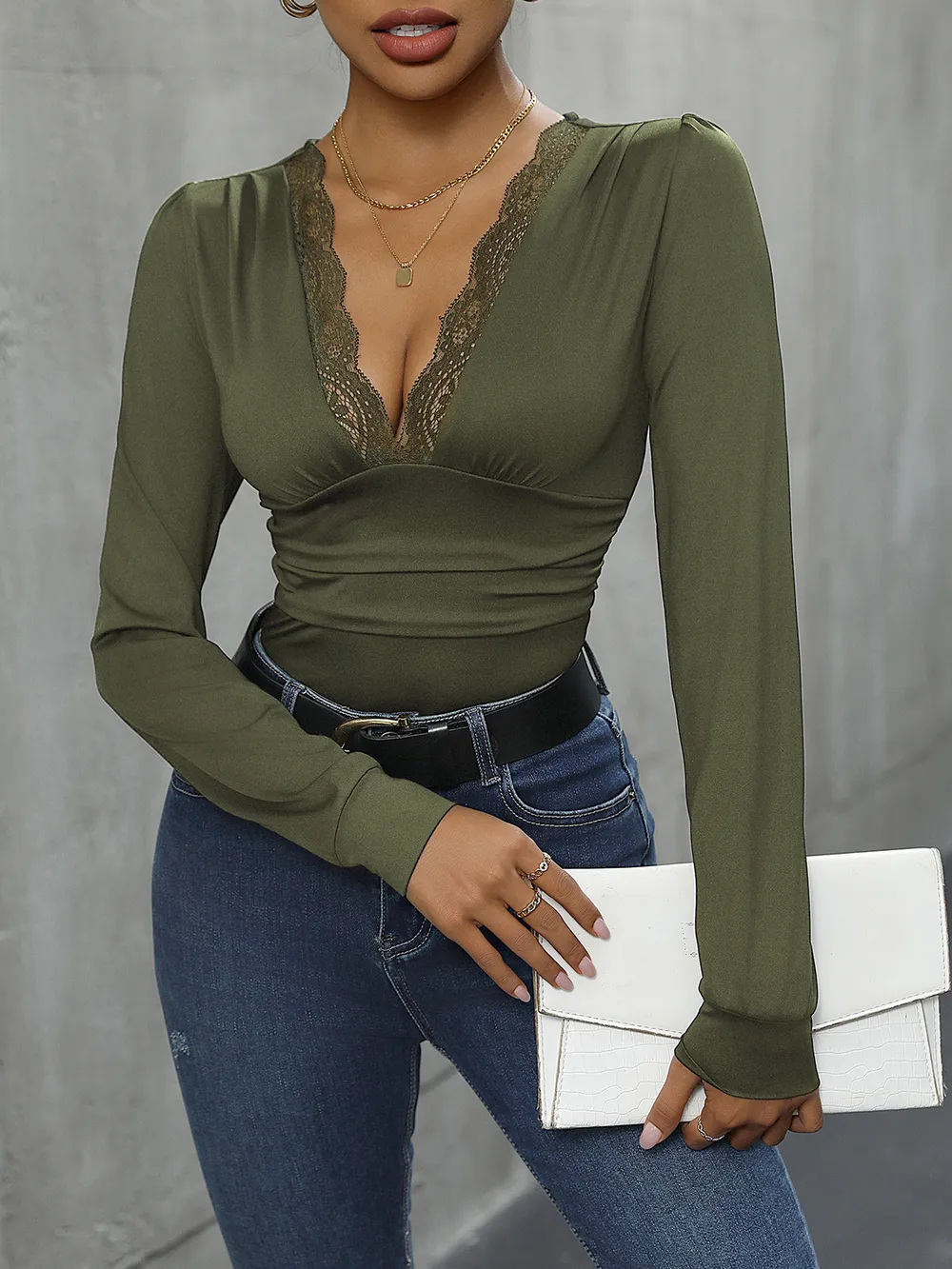 Lace Detail Plunge Long Sleeve Bodysuit, image 22