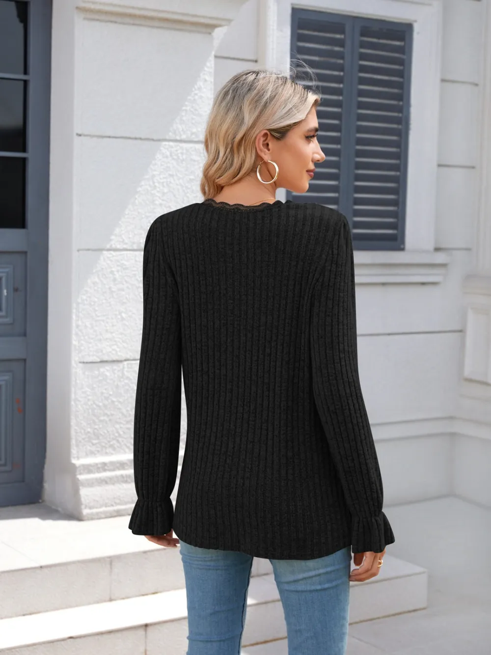 Lace Detail V-Neck Long Sleeve T-Shirt, image 14