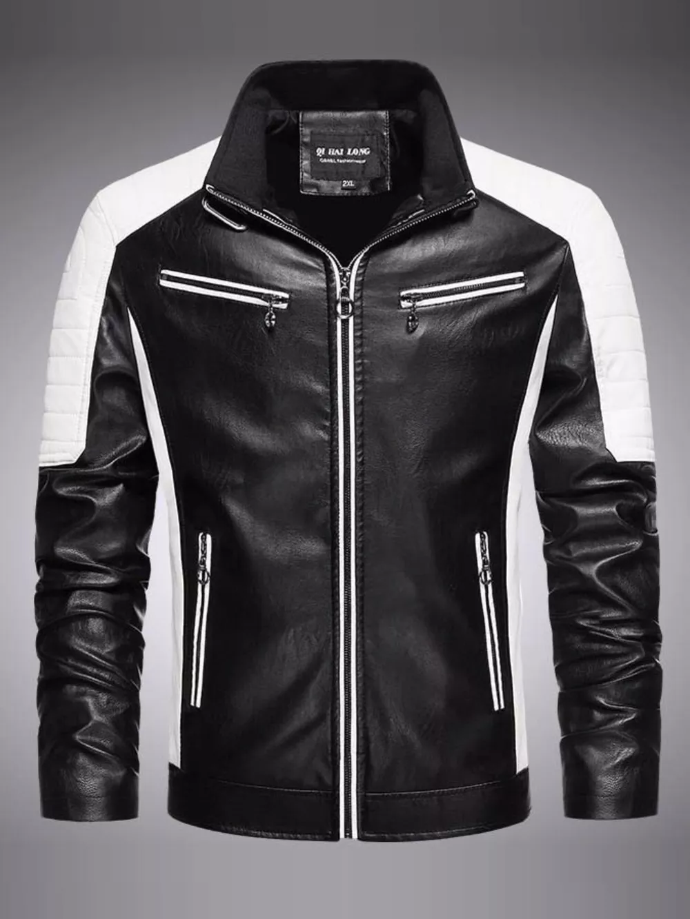 Men's Plus Size Slim Fit Zip Up Moto Jacket, image 2