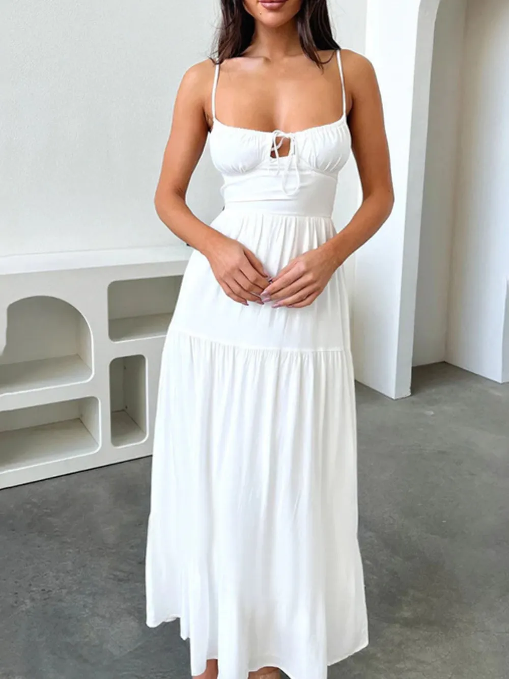 Tiered Lace Up Spaghetti Straps Maxi Dress, image 4
