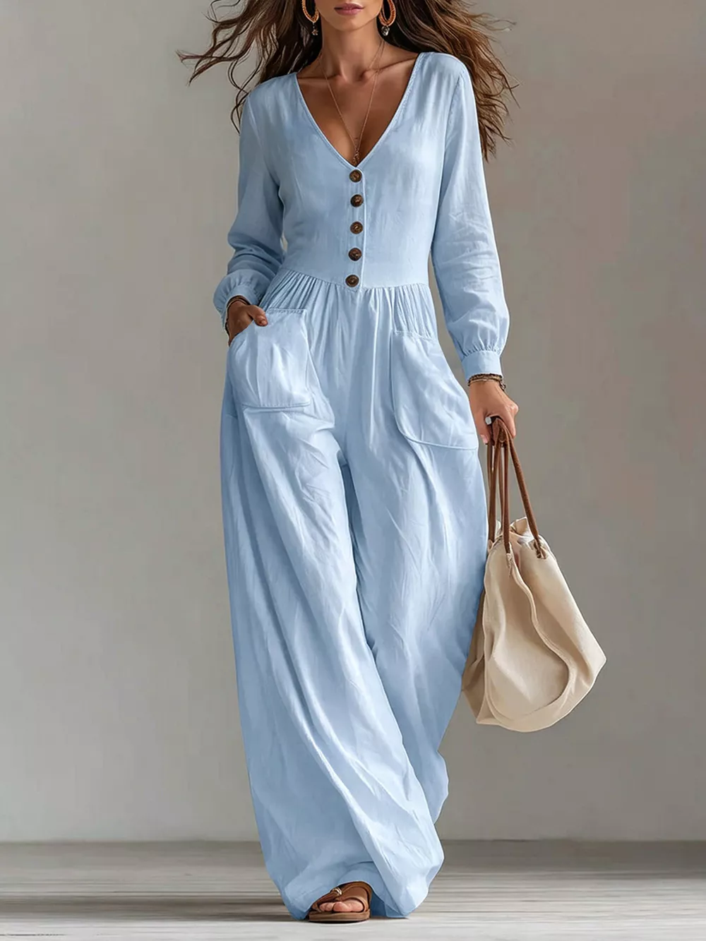 V-Neck Long Sleeve Button-Down Wide Leg Jumpsuit, image 11