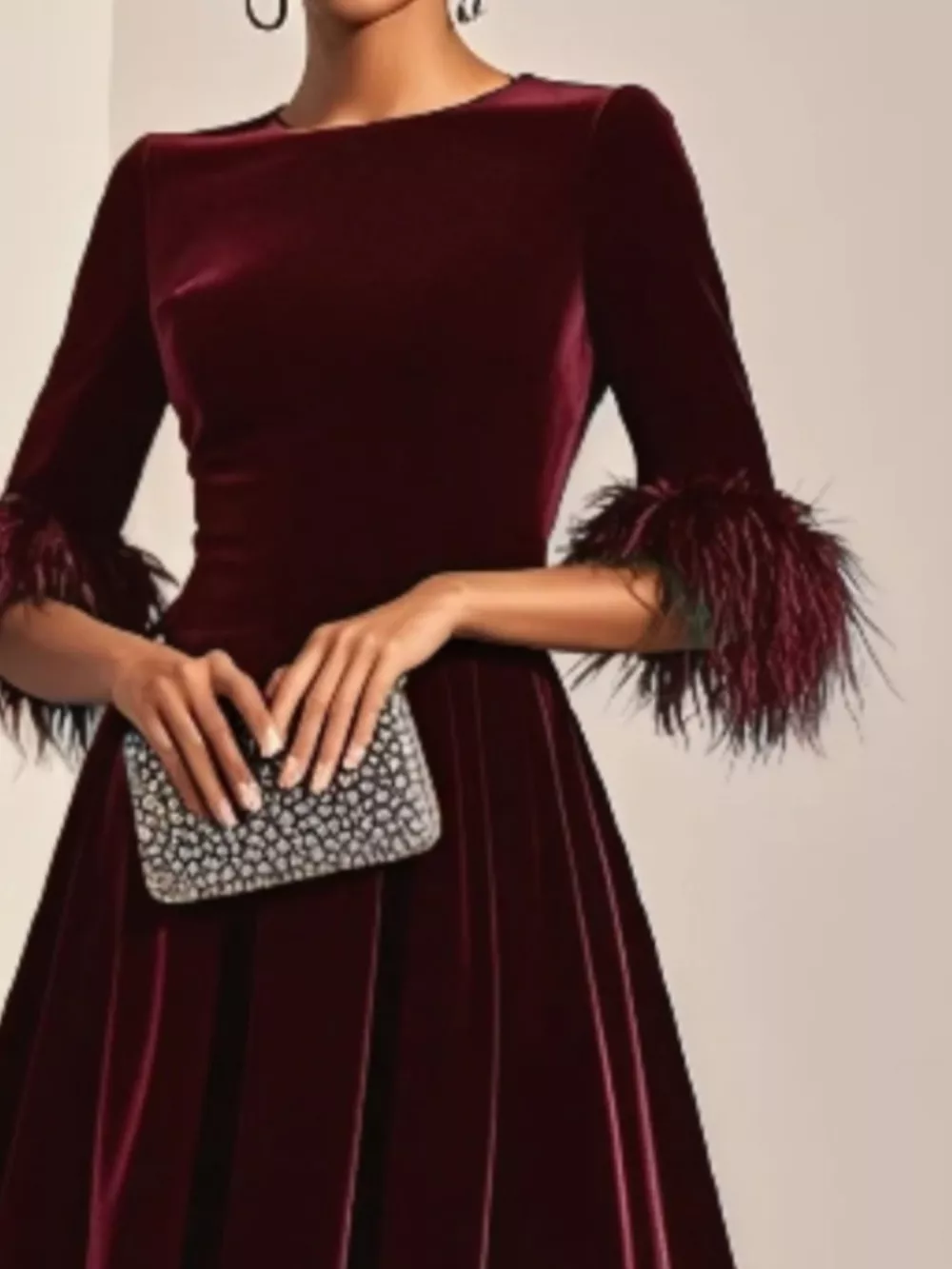 Velvet Midi Dress with Feather Cuffs, image 4