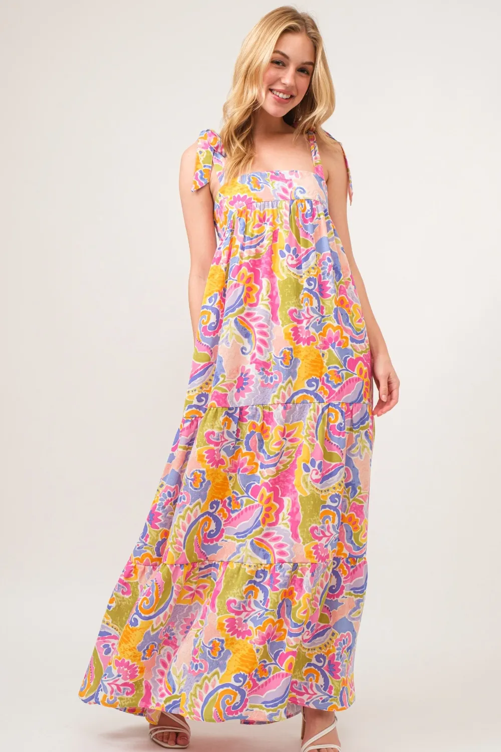 Full Size Printed Tie Shoulder Tiered Maxi Dress, image 4