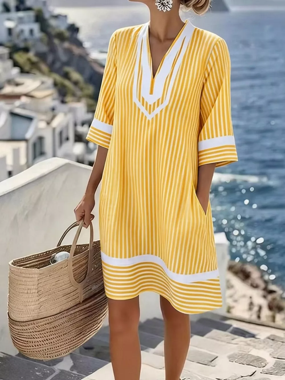 Full Size Striped V-Neck Casual Dress Plus Size, image 6