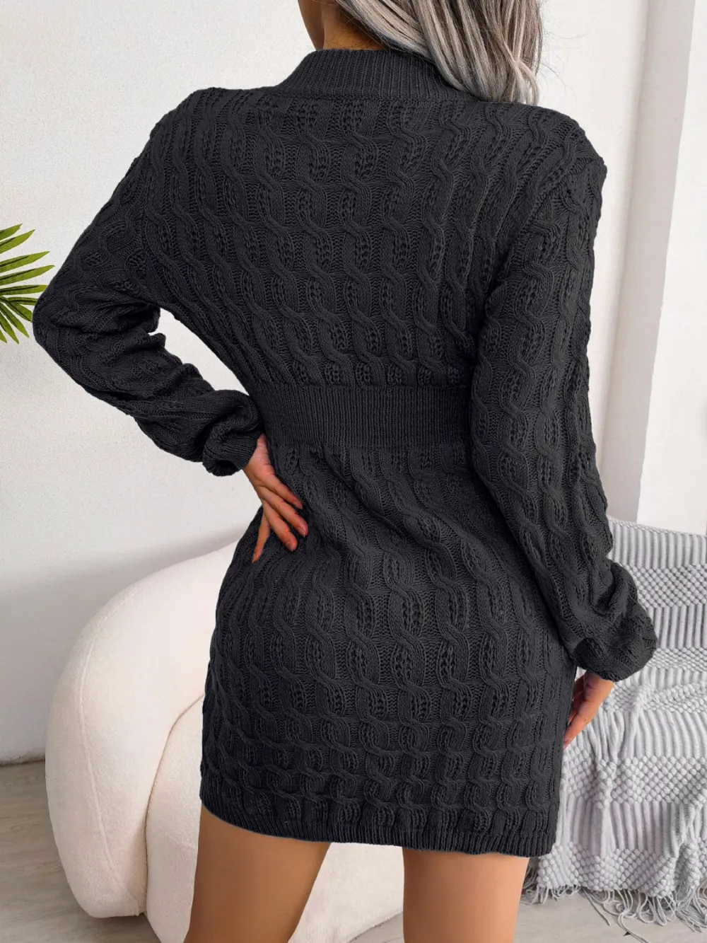 Cable-Knit Round Neck Mini Wrap Sweater Dress, image 3