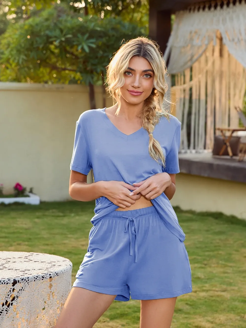V-Neck Short Sleeve Top and Pocketed Shorts Lounge Set, image 11