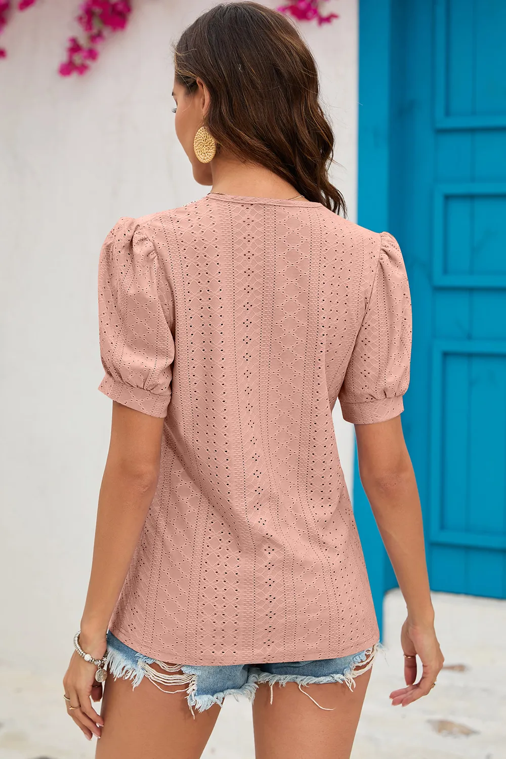 Eyelet V-Neck Short Sleeve T-Shirt, image 16