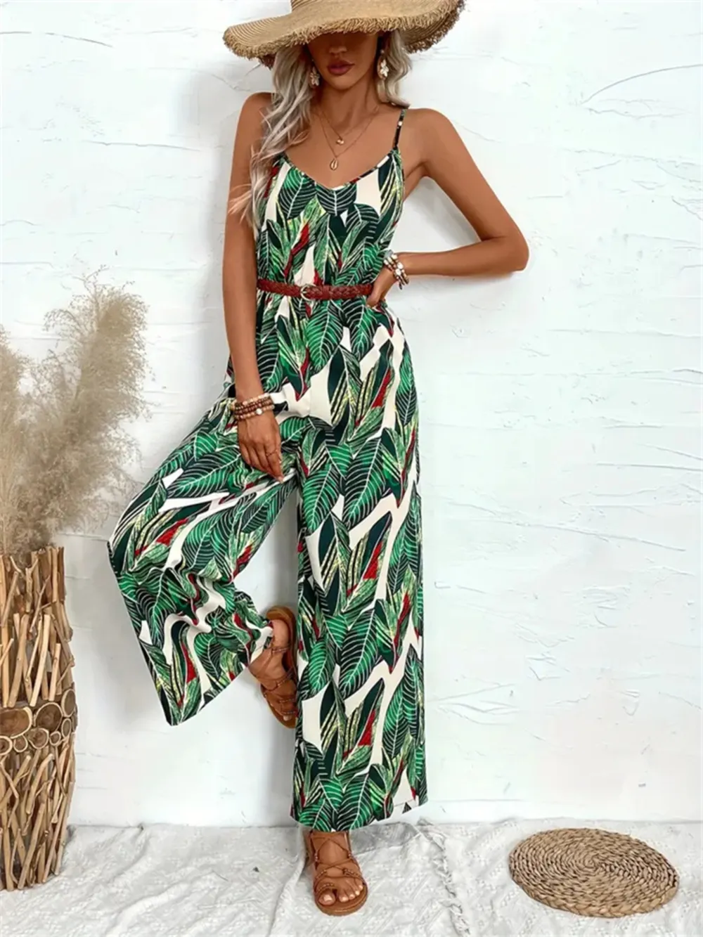 Tropical Print Spaghetti Strap Wide Leg Jumpsuit, image 5