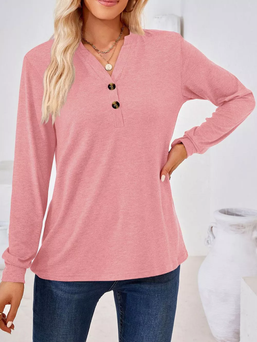 Plus Size Button Detail Long Sleeve T-Shirt, image 3
