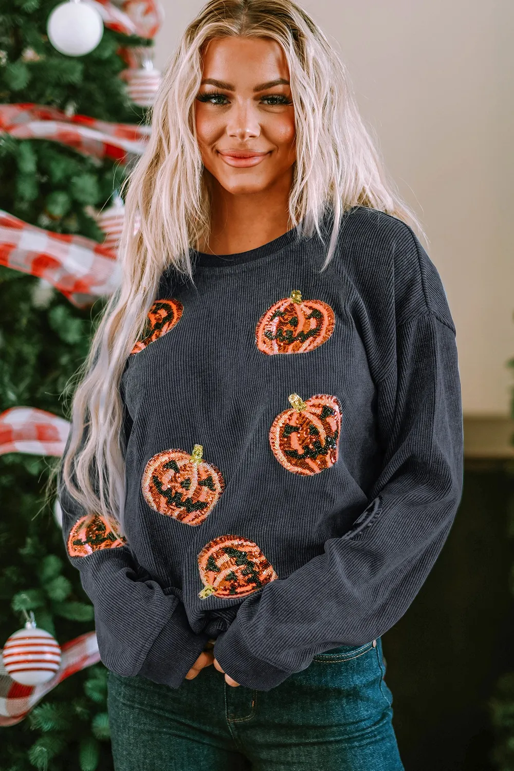 Sequin Patch Pumpkin Round Neck Sweatshirt, image 4