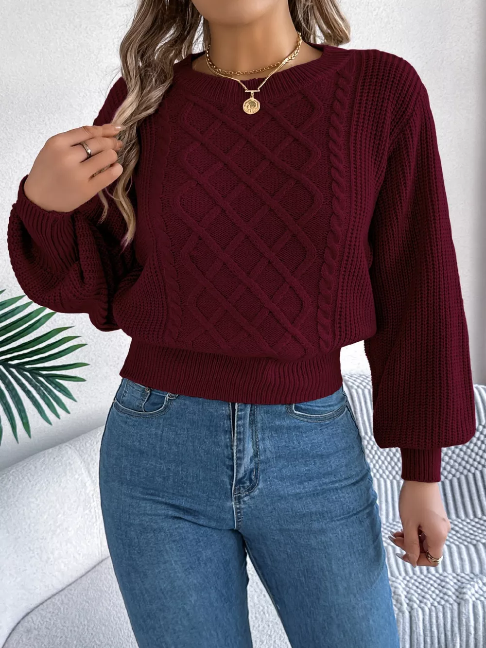 Cable Knit Diamond Pattern Long Sleeve Sweater, image 16