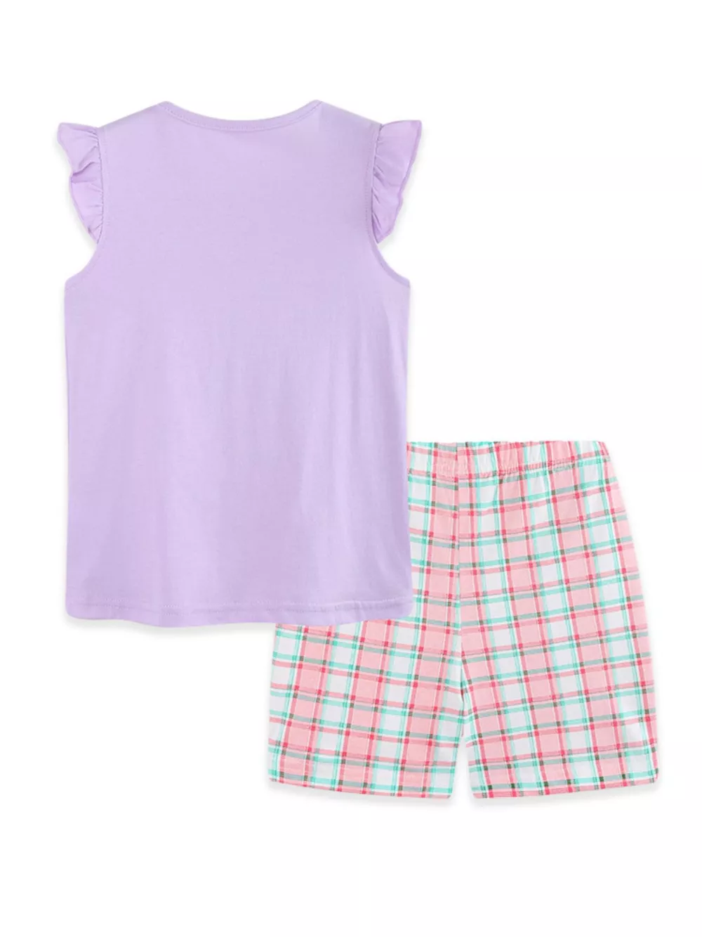 Children's Cartoon Graphic Ruffle Trim Tee & Plaid Shorts Set, image 7