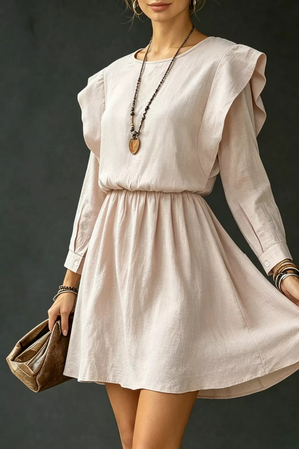 Ruffled Round Neck Long Sleeve Dress, image 2