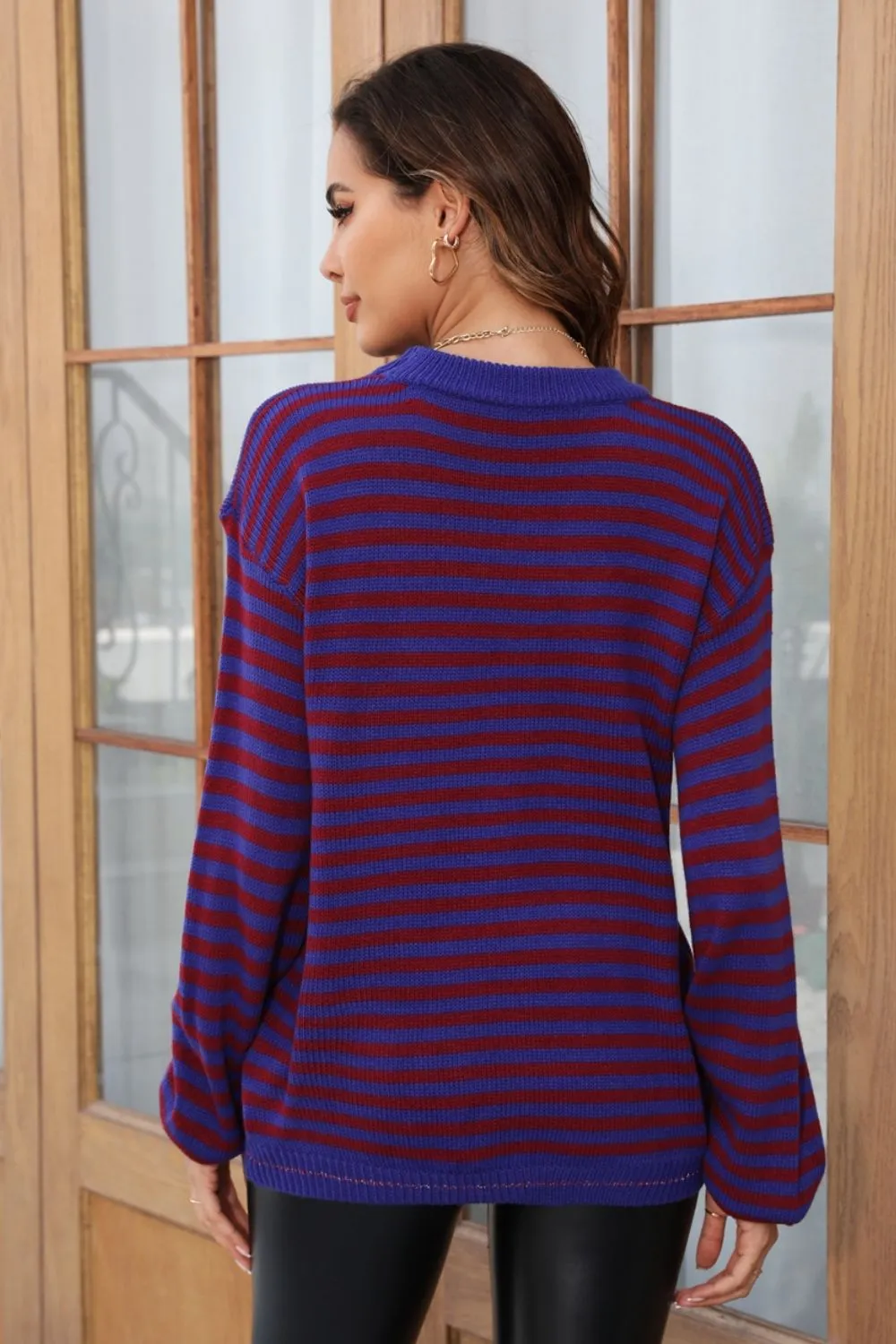 Striped Round Neck Dropped Shoulder Sweater, image 13