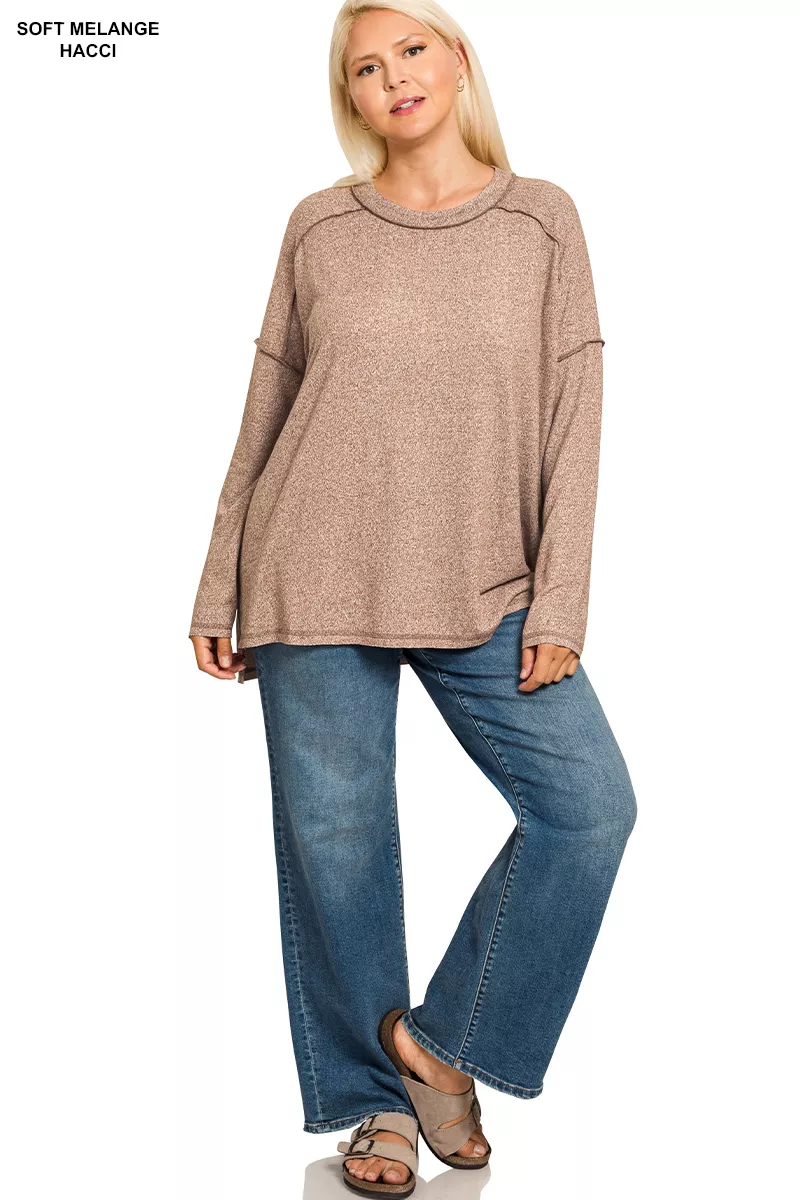 Full Size Melange Hacci Exposed Seam Hi-low Tee Plus Size, image 2