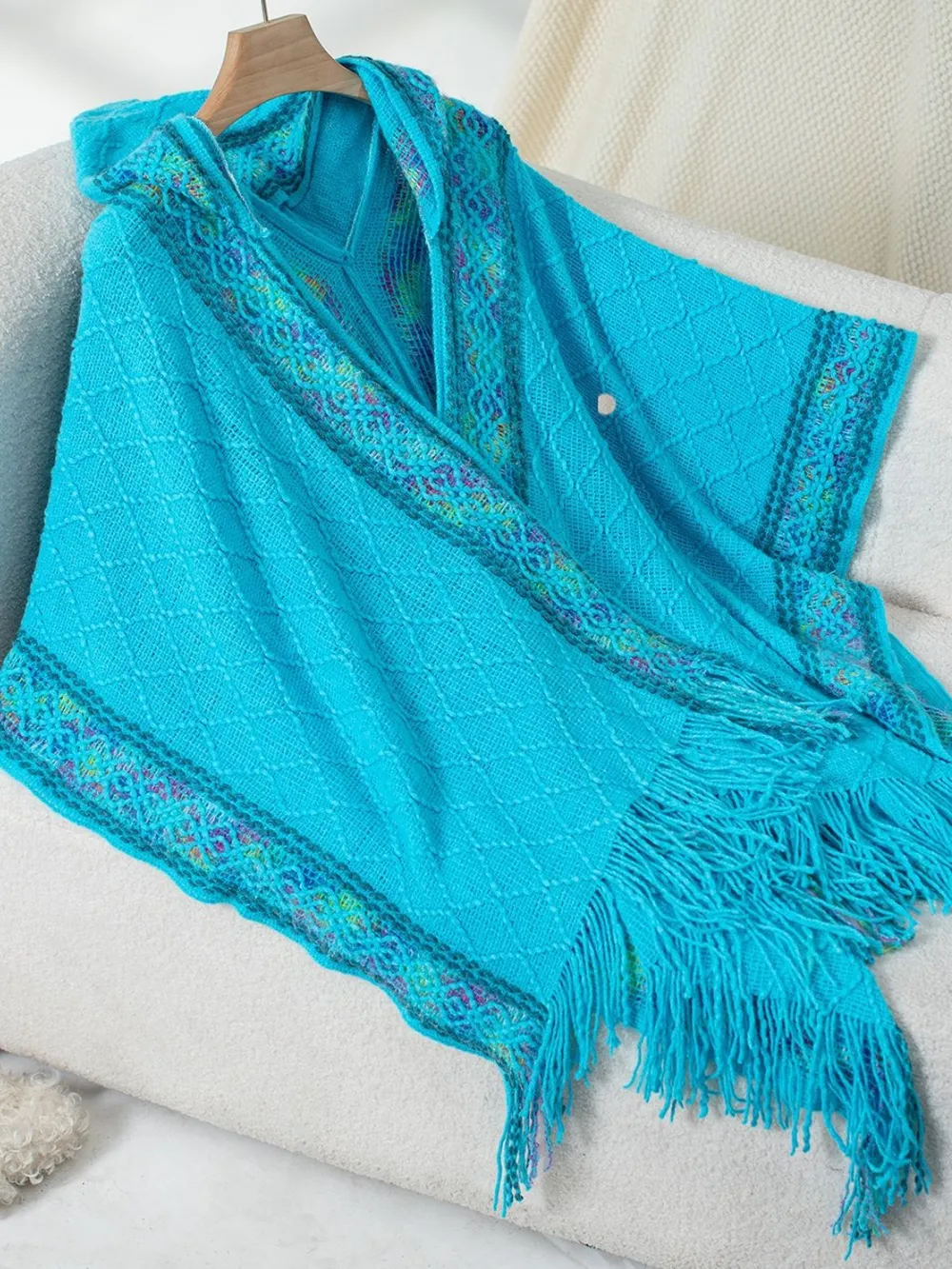 Fringe Half Sleeve Hooded Poncho, image 7