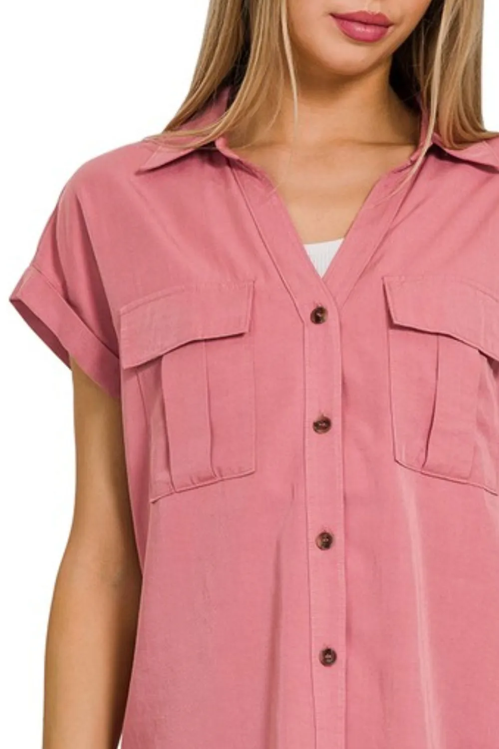 Tencel V-neck Collared Top W Front Flap Pockets, image 2