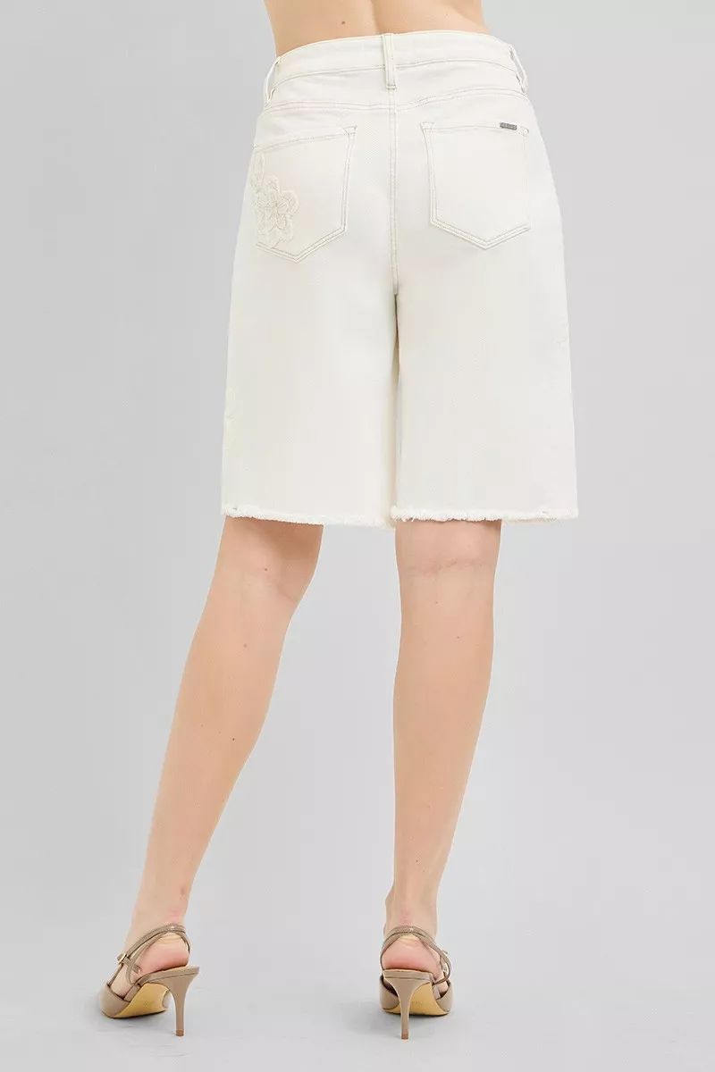 Slouchy Relaxed Floral Embroidered Bermuda Denim Shorts, image 3