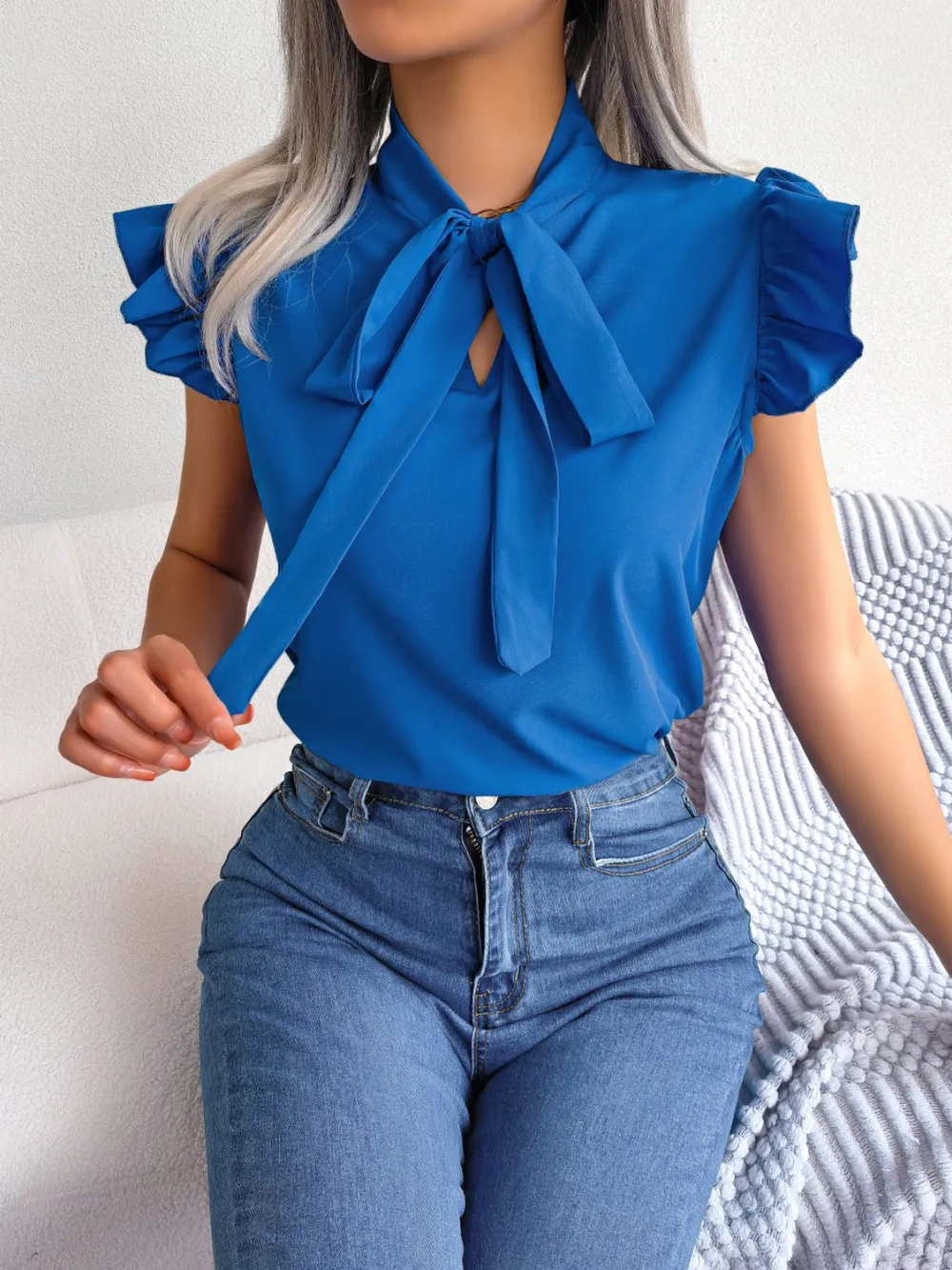 Tie Neck Cap Sleeve Blouse, image 11