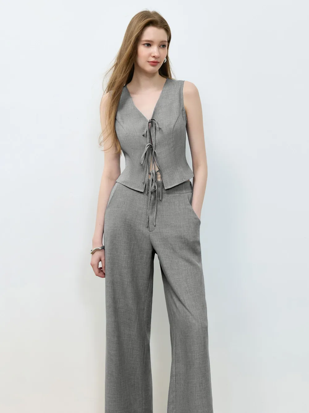Tie Front Vest and Wide Leg Pants Set